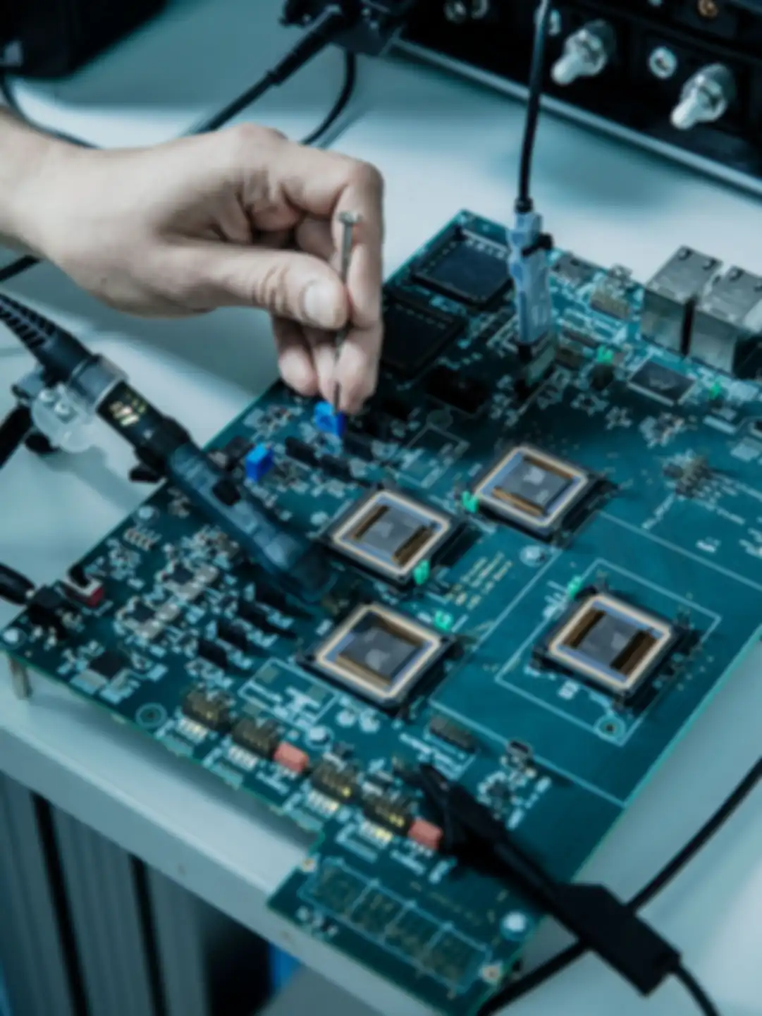 Close-up of a person working on a board with technical components and computer chips