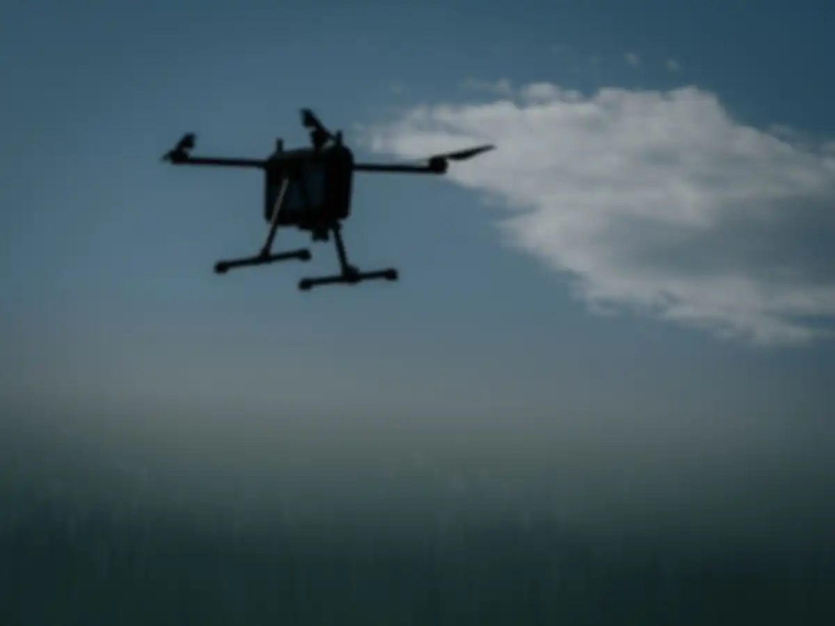 A drone flies in the sky