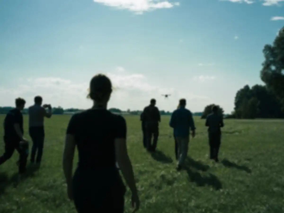 People follow a drone on foot in a wide field