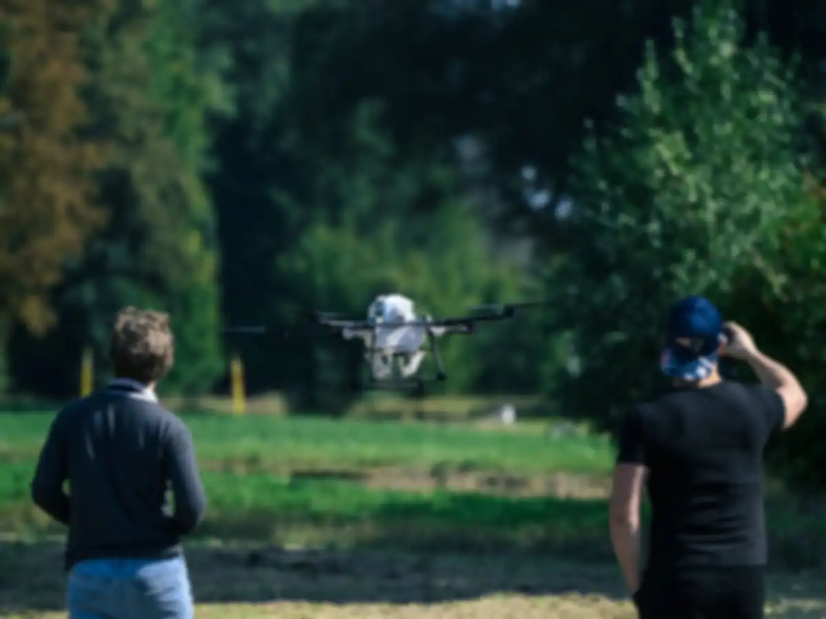 Two people follow a drone in a wooded area