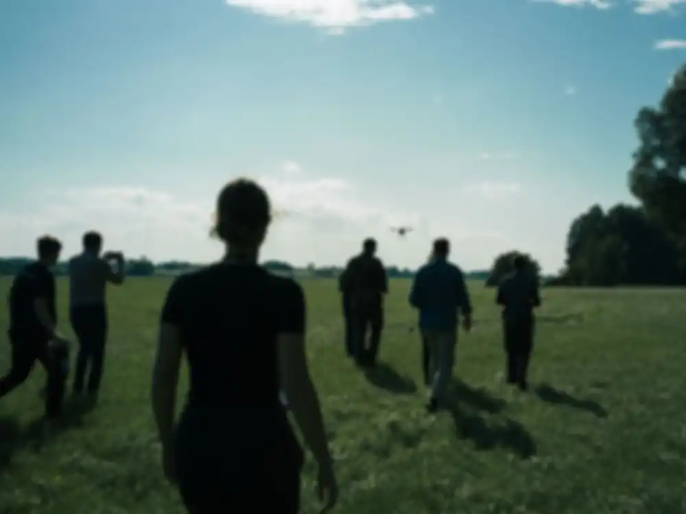 Menschen folgen einer Drohne zu Fuß auf einem weiten Feld