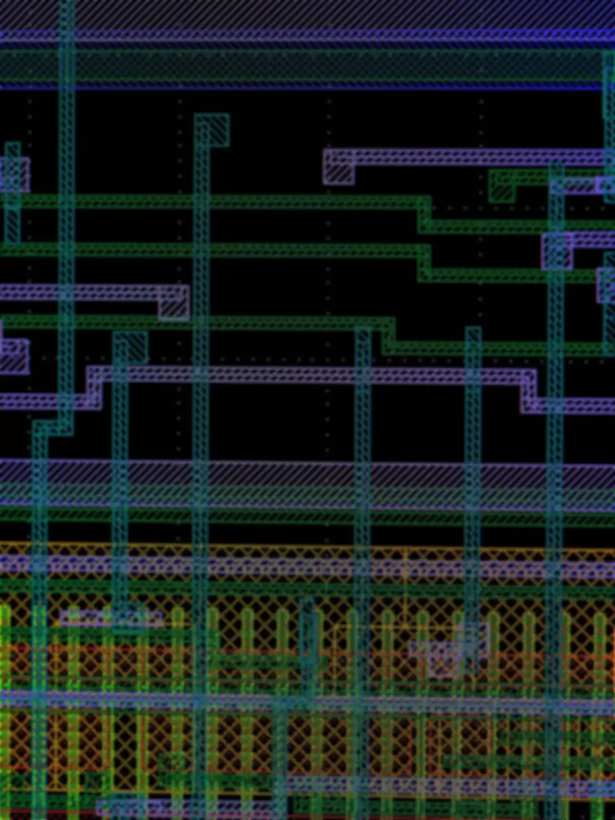 A blue, purple, and green pixelated circuit board pattern on a black background
