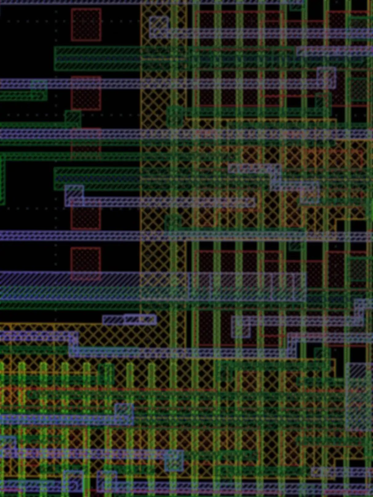 A pixelated PCB layout with multiple colors on a black background