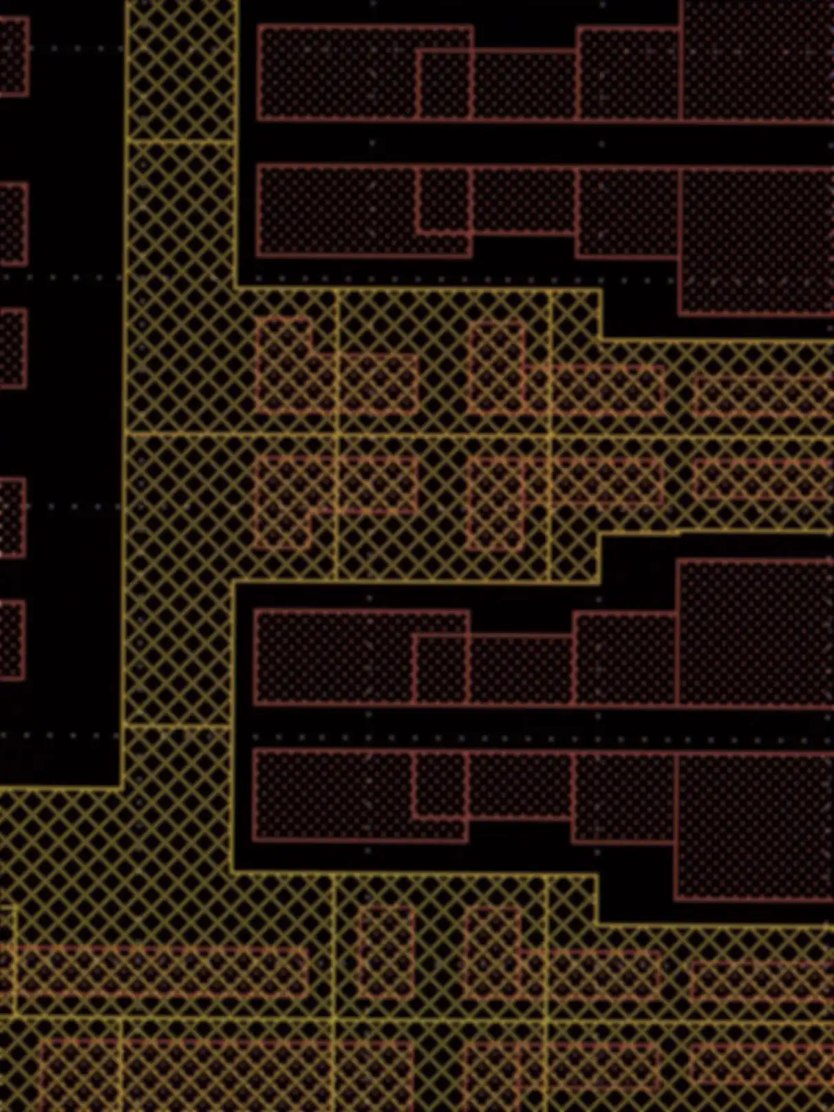 A red-orange, pixelated circuit board pattern on a black background