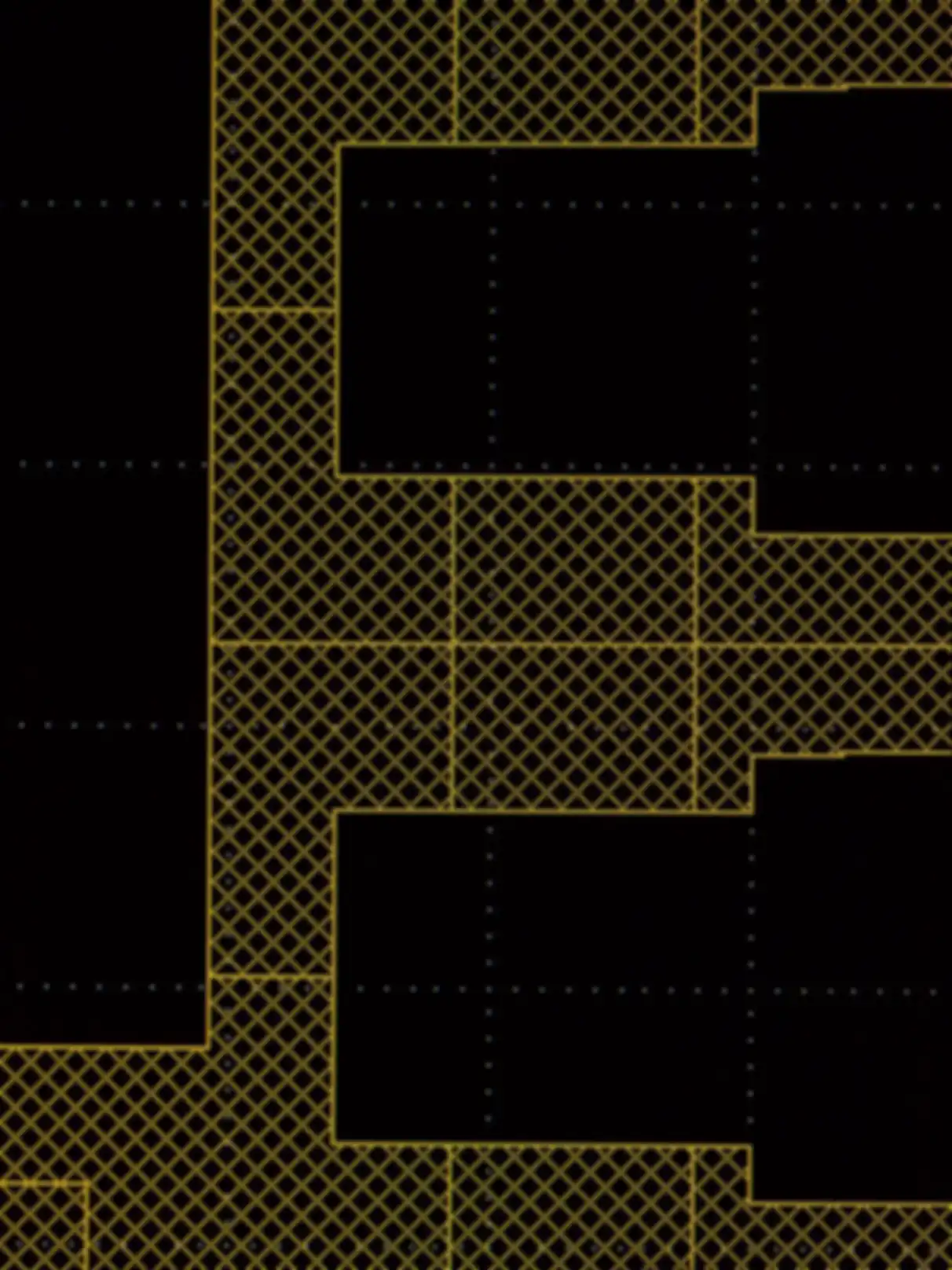 Yellow, pixelated circuit board pattern on a black background