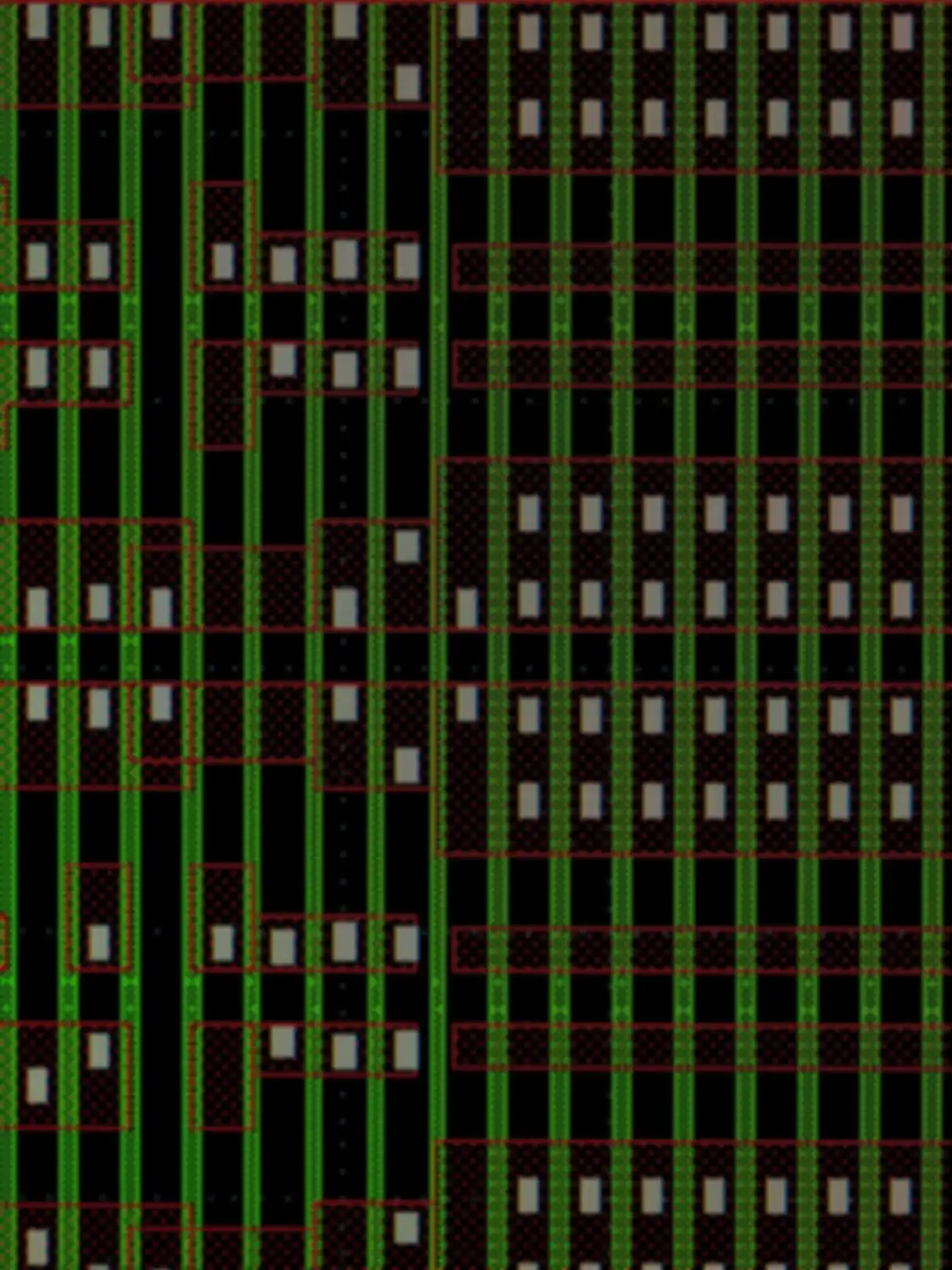 A green-and-red, pixelated circuit board pattern on a black background