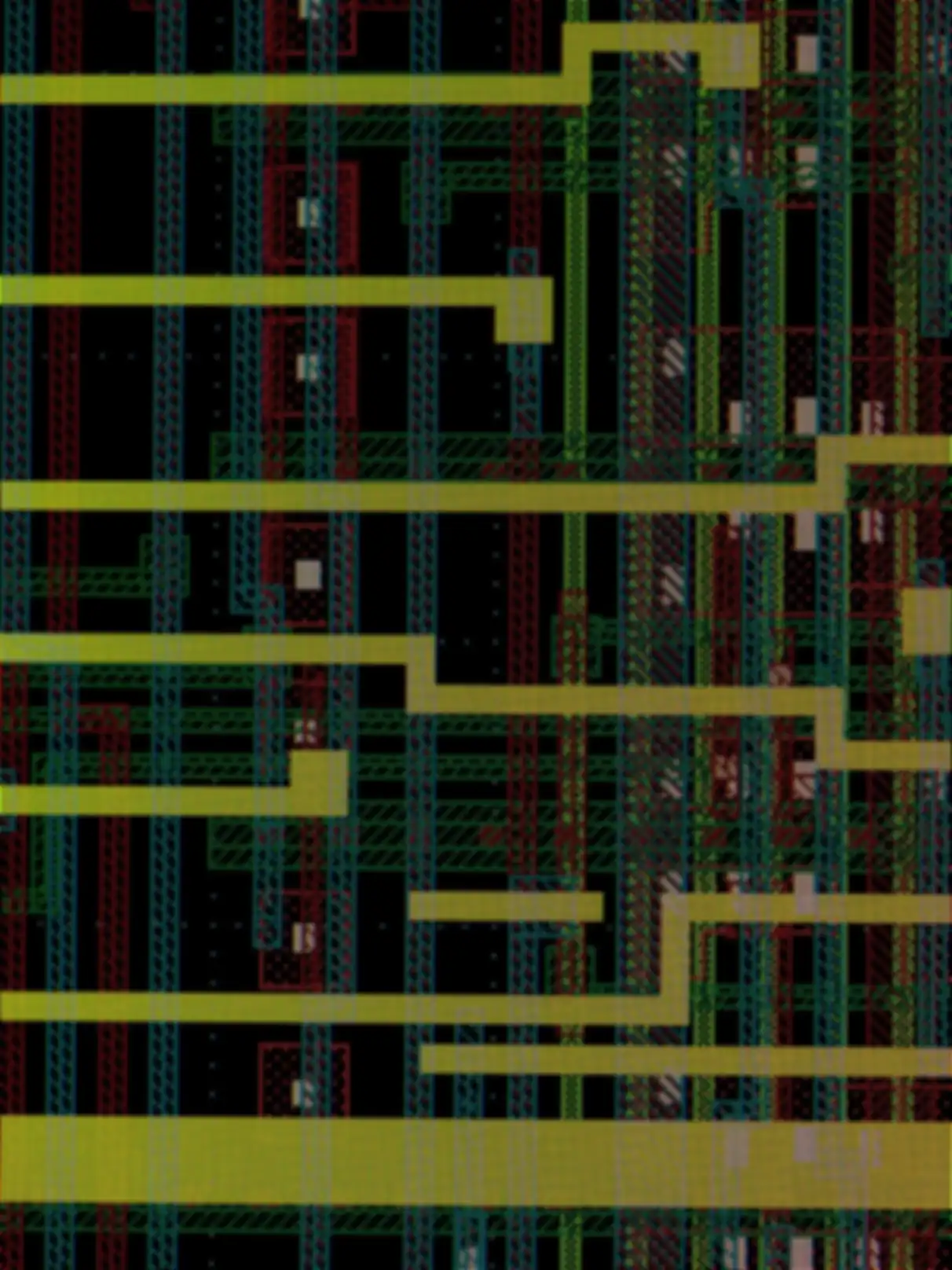 A pixelated PCB layout with multiple colors on a black background