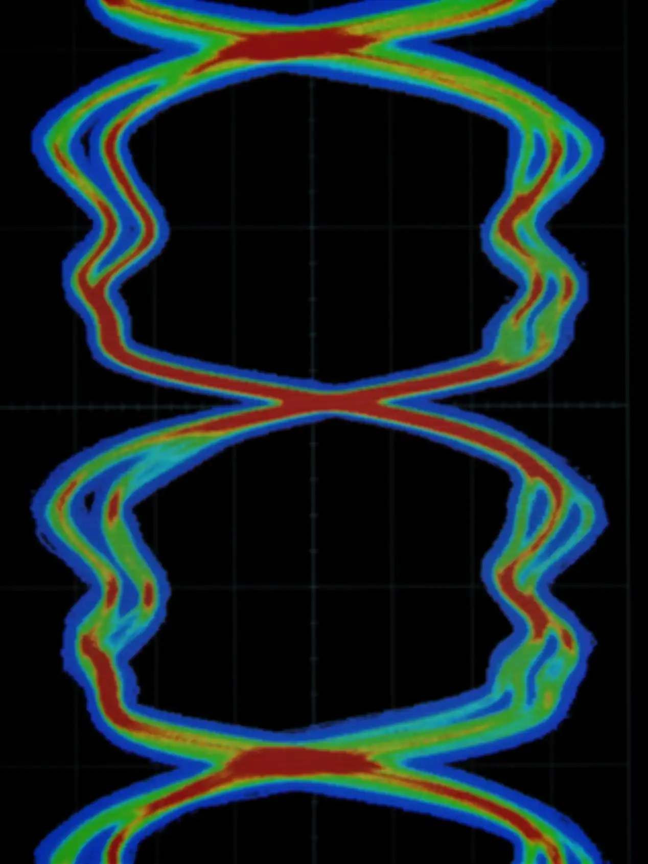 A red, green, and blue pixelated circuit board pattern on a black background