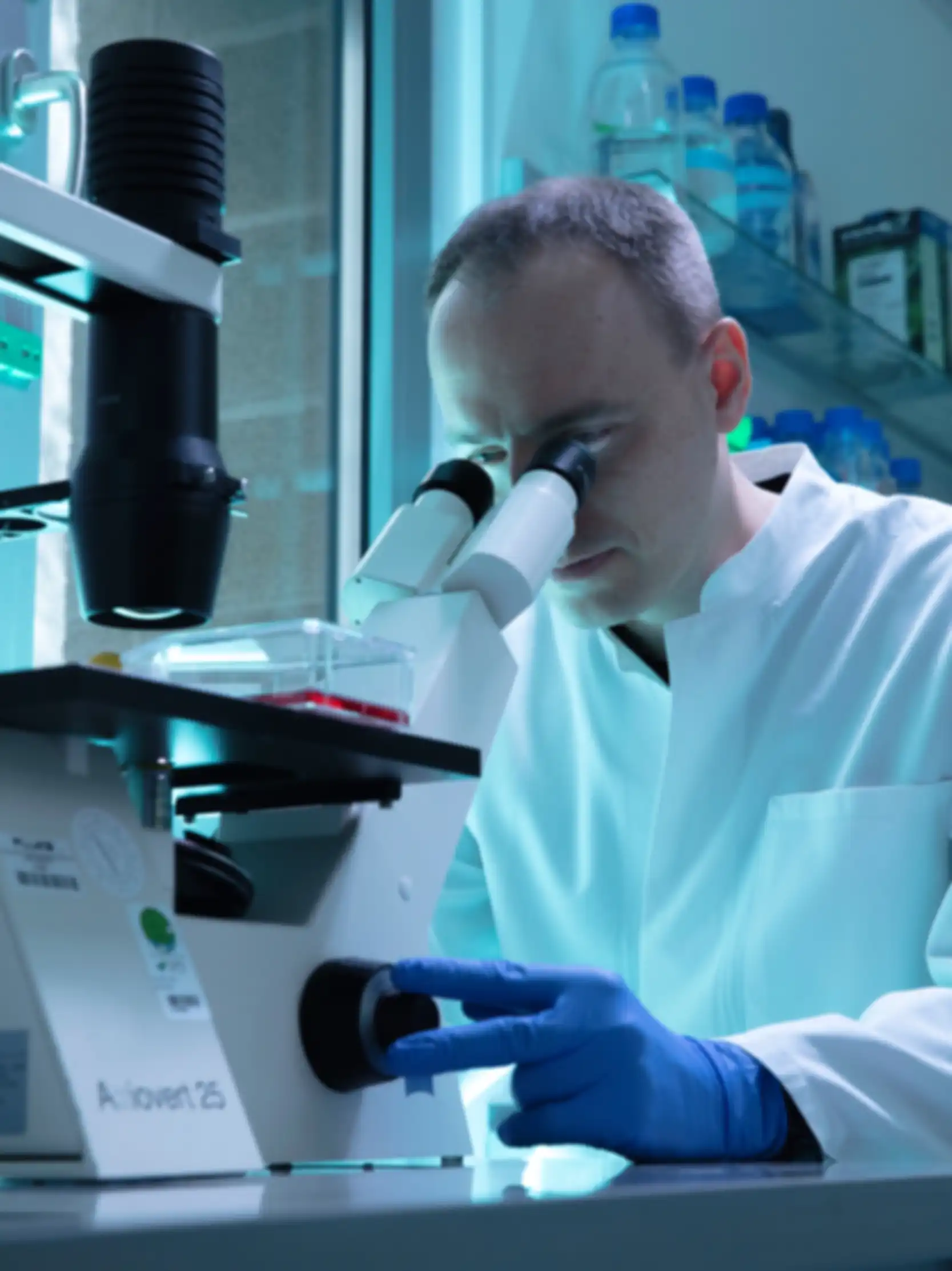 A man is looking through a microscope