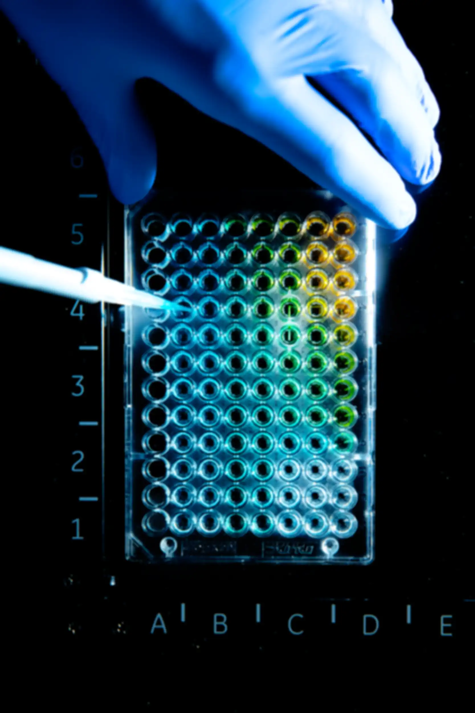 Close-up of small test tubes being filled with a pipette