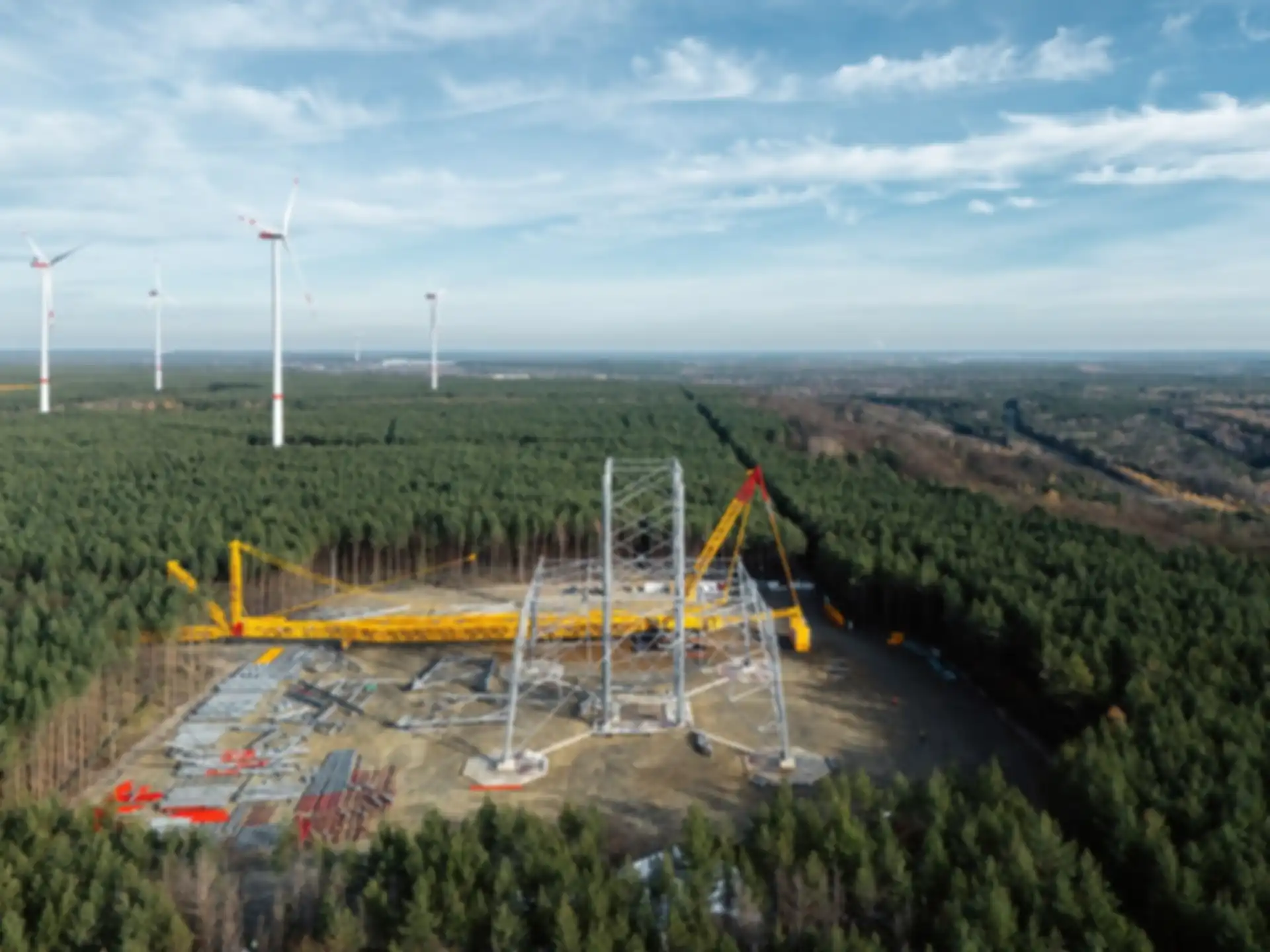Aerial view of the high-altitude wind turbine construction site