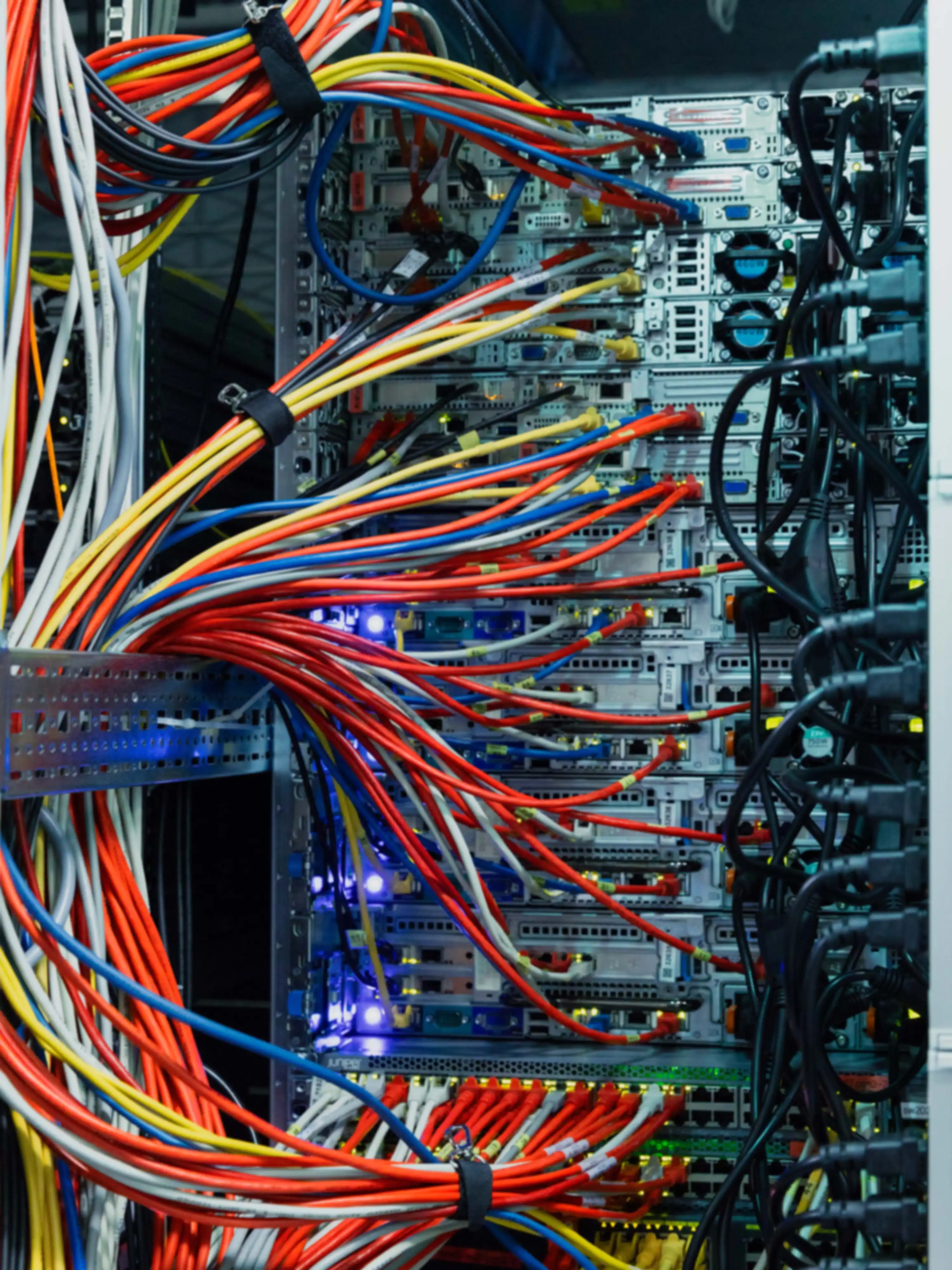 Mehrere verschieden farbene Kabel führen in einen Server