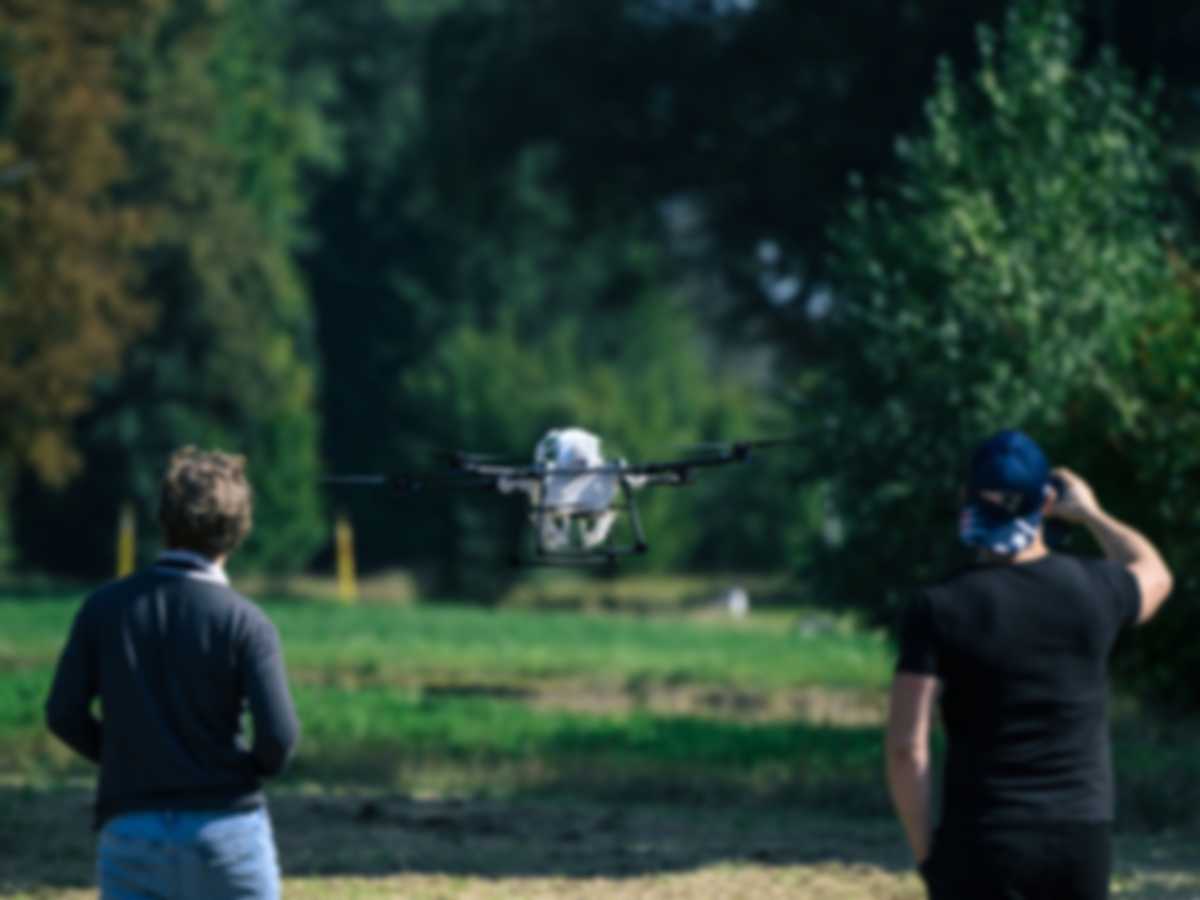 Zwei Personen folgen einer Drohne in einem Waldstück